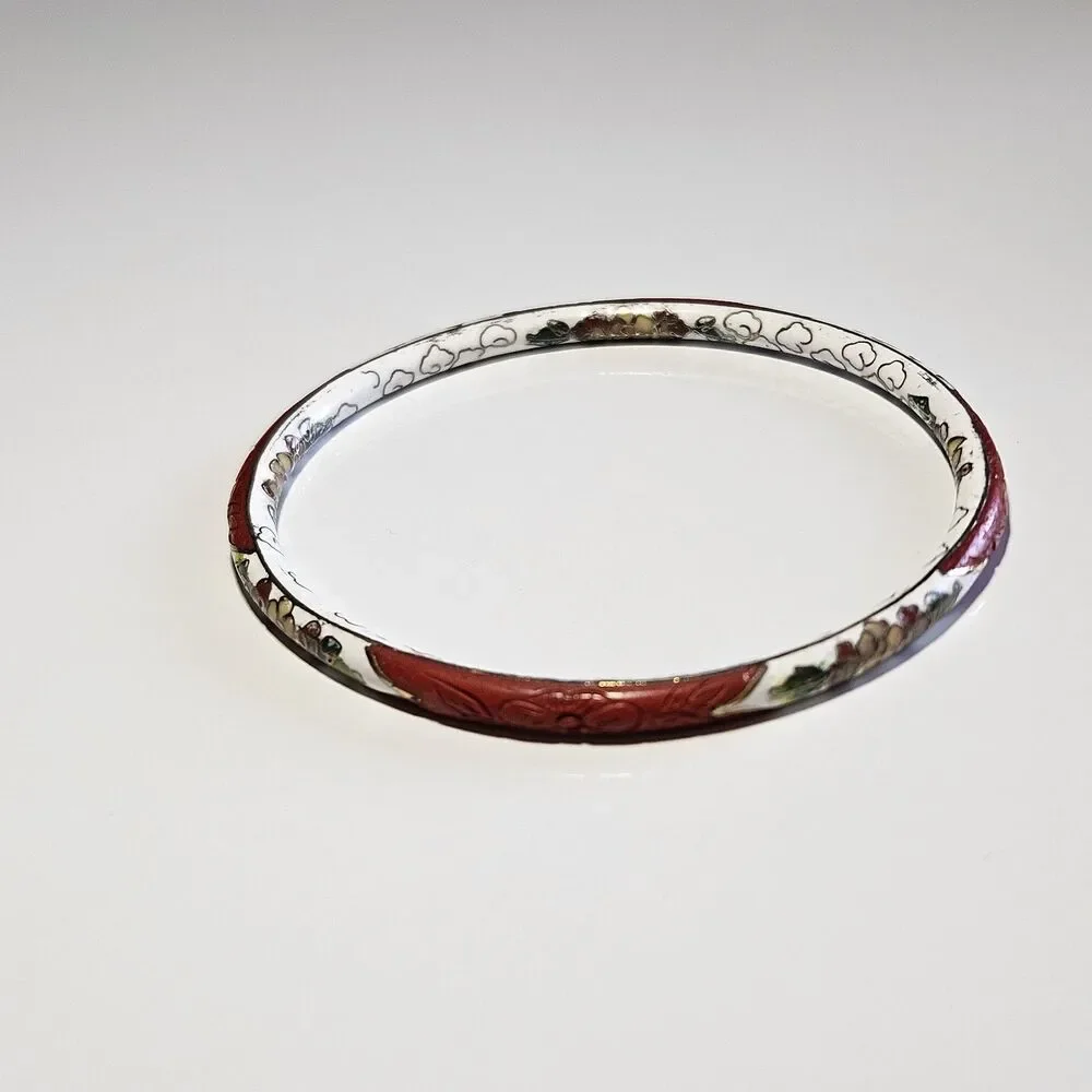 Gold Tone Vntg Carved Red Cinnabar White Cloisonne Bracelet 7.75